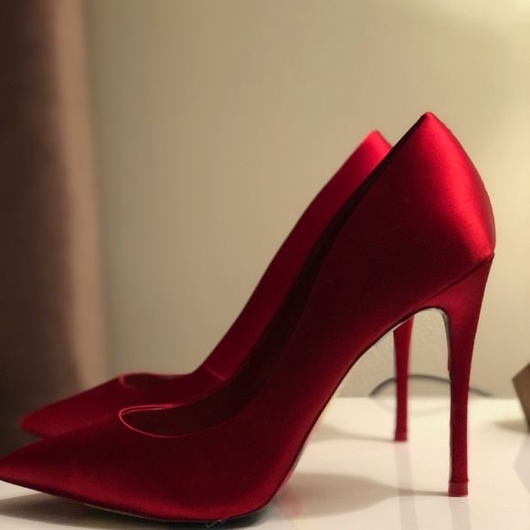 red satin pumps